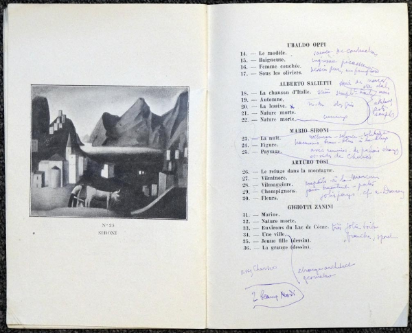 Livret de l’exposition Novecento italiano, 17 mai-12 juin 1926, annoté par Louis Vauxcelles. Paris, bibliothèque de l’INHA, Archives 80/23/1. Cliché INHA