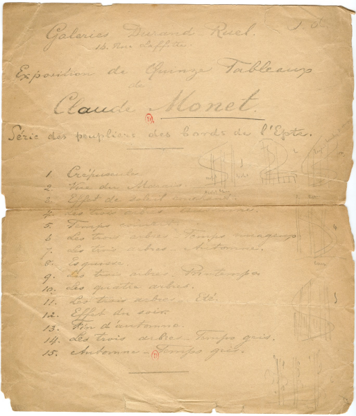 Liste de quinze tableaux de Monet exposés aux galeries Durand-Ruel, [1891], annotée par Roger Marx. Paris, bibliothèque de l'INHA, CVA1 Monet (Claude). Cliché INHA