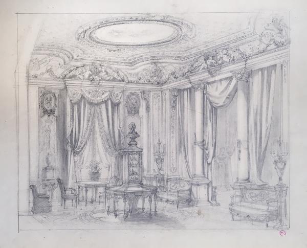 Henry Penon, [Décor de salon], graphite sur papier, [1860-1897]. Paris, bibliothèque de l'INHA, collections Jacques-Doucet, Fol Est 16 (15). Cliché J. Lécuyer