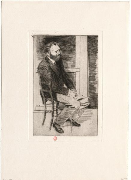 Edgar Degas, Manet assis, tourné à droite, eau-forte, 31,7 × 22,3 cm, 17,6 × 11,4 cm (sujet), 1er état, 1864. Paris, bibliothèque de l’INHA, EM DEGAS 20a. Cliché INHA.