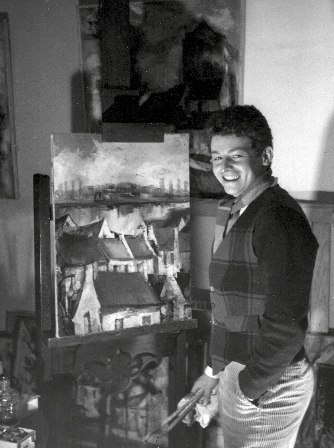 Jacques Cordier devant son premier tableau sur un chevalet, photographie en noir et blanc, 1er janvier 1960. Cliché CptHornblower, source : Wikimedia Commons. CC BY-SA 4.0
