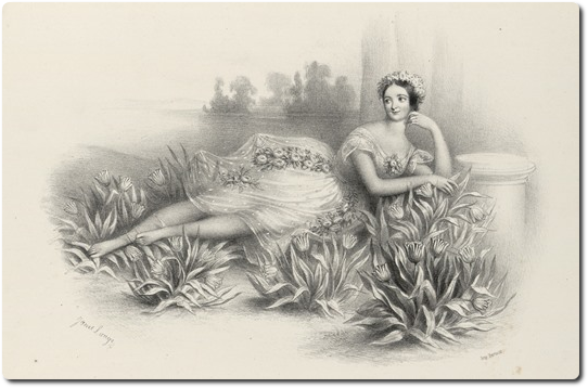 Janet-Lange, Scène des fleurs dansée par Mademoiselle Taglioni, lithographie, [1839?], Bibliothèque de l'INHA, collections Jacques Doucet, OD 140. Cliché INHA