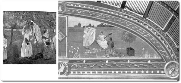 Parties centrale et droite de la fresque Femme moderne, décoration du tympan nord du Pavillon des femmes de l'Exposition universelle de Chicago en 1893 / Mary Cassatt. 