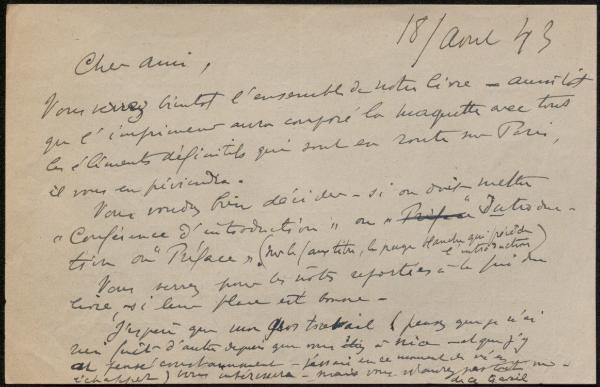 "Vous verrez bientôt l'ensemble de notre livre..." Lettre d'Henri Matisse à Henry de Montherlant, 18 avril 1943. Paris, bibliohtèque de l'institut national d'histoire de l'art, Autographes 216,8. Cliché INHA.
