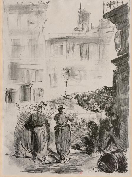 Édouard Manet, La Barricade, lithographie, 48,8 × 34 cm (motif), 61,6 × 44,6 cm (feuille), 1871. Paris, bibliothèque de l’INHA, EM MANET 3. Cliché INHA