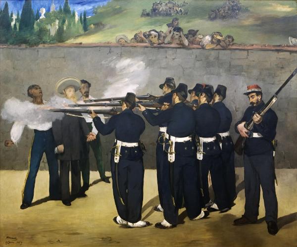 Une image d'une huile sur toile : une exécution par un peloton de soldats, tirant sur trois hommes debout devant un mur, dont l'un a une barbe blonde et un chapeau, avec de la fumée sortant de leurs fusils. En arrière-plan, des spectateurs observent la scène depuis le sommet du mur.