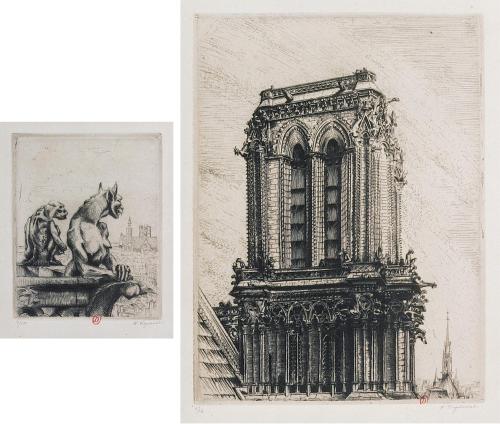 Henri Vergé-Sarrat, [Deux chimères à Notre-Dame], [Tour nord à Notre-Dame], eaux-fortes, bibliothèque de l'INHA, EM VERGESARRAT 54 et 55. Cliché INHA