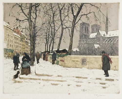 Tavík František Šimon, [Quai de la Tournelle (Effet de neige)], eau-forte en couleurs, 1911, bibliothèque de l'INHA, EM SIMON F 22. Cliché INHA