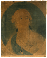 J.-B.-A. Gautier-Dagoty, Louis XVI, [1776-1786], estampe en couleurs sur velours de coton (avant restauration), bibliothèque de l'INHA, EA Gautier d'Agoty, Jean-Baptiste André 6. Cliché INHA
