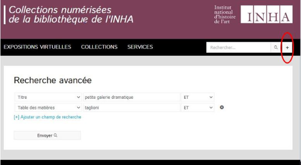 Ecran de recherche avancée de la bibliothèque numérique de l’INHA : https://bibliotheque-numerique.inha.fr/recherche-avancee