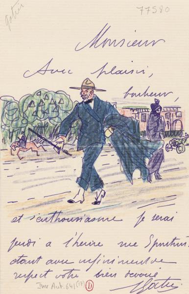 Pierre Gatier, lettre à Jacques Doucet signée et illustrée, bibliothèque de l’INHA, Autographes 91/3/13. Cliché INHA