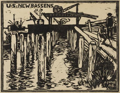 Pierre Gatier, US New Bassens. Le Déchargement (version sépia), 1918, gravure sur linoléum, collection Félix Gatier