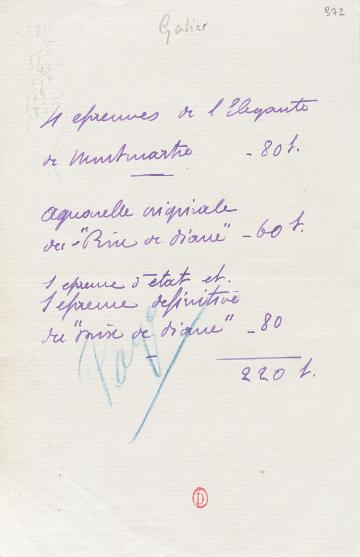 Note manuscrite de Pierre Gatier mentionnant plusieurs prix d’œuvres vendues à Jacques Doucet, bibliothèque de l’INHA, archives Clément Janin. Cliché INHA