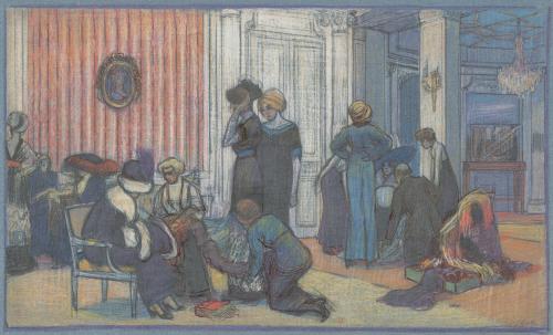 Pierre Gatier, Chez le couturier ou Le Salon de M. Doucet, rue de la Paix, 1911, dessin à l’encre et pastel, bibliothèque de l’INHA, EM GATIER 45a. Cliché INHA