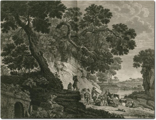 James Mason d'après Jean Pillement, Le Repos des Voyageurs, [vers 1760], Gravure, Bibliothèque de l'INHA, collections Jacques Doucet, FOL RES 237 (1). Cliché INHA