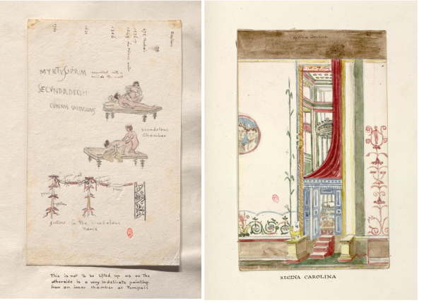 À gauche : Scandalous chamber, Ms 180 (2) f. 74.  À droite : Peinture pompéienne, Ms 180 (1) f. 73 recto. Bibliothèque de l'INHA, collections Jacques Doucet. Cliché INHA