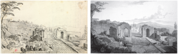 Dessin original de la Porte d’Herculanum, Ms 180 (1) f. 12, et sa version gravée (Pompeiana 1817, pl. 13)