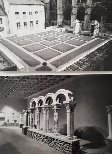 En haut : salle du musée du cloître ; en bas : jardin du musée du cloître, tirages photographiques sur papier. Paris, bibliothèque de l’INHA, Archives 144/55/3/7. Cliché INHA.