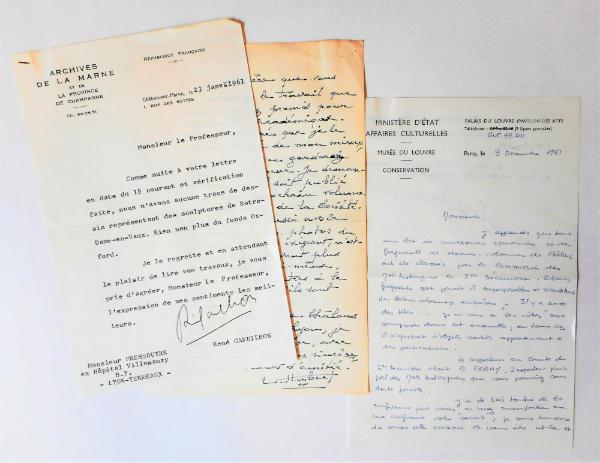 Lettres de René Gandilhon, Louis Hubert et Michèle Beaulieu, 1961. Paris, bibliothèque de l’INHA, Archives 144/52/2. Cliché INHA.