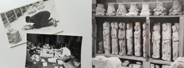 À gauche : Sylvia et Léon Pressouyre au travail ;à droite : chapiteaux et statues-colonnes reconstitués sur les étagères de l’atelier provisoire. Tirages photographiques sur papier, s. d. [années 1960]. Paris, bibliothèque de l’INHA, Archives 144/54/2. Clichés INHA.
