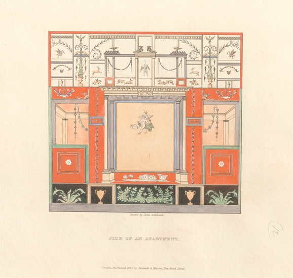 « Side of an apartment », dans J. Goldicutt, Specimens of Ancient Decorations from Pompeii, London, Rodwell & Martin, 1825. Paris, bibliothèque de l’Institut national d’histoire de l’art, 4 Res 2567.