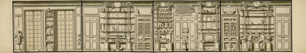 Jean-Baptiste Courtonne, Cabinet de Bonnier de la Mosson : cabinet de physique et de mécanique, plume et lavis, 1739-1740. Paris, bibliothèque de l'INHA, OA 720. Cliché INHA 