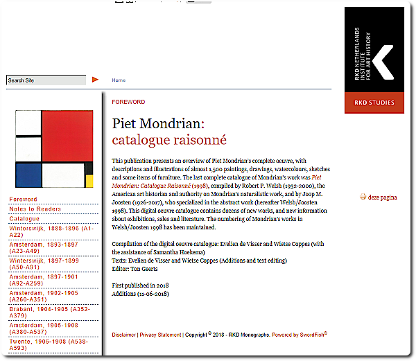Page d'accueil du catalogue « Piet Mondrian : Catalogue raisonné ». @RKD Netherlands Institute for Art Story.