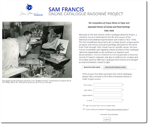 Page d'accueil du catalogue « Sam Francis Online Catalogue Raisonné ». @Sam Francis Foundation.