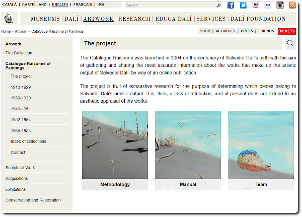 Page d'accueil du Catalogue raisonné des peintures de Salvador Dali. @Musée Salvador Dali.
