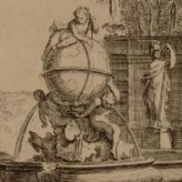 [Cartouche rond avec fontaine décorée d'un globe terrestre], extrait de [Livre d'architecture, paysage et perspective : recueil factice, vers 1740], bibliothèque numérique de l'INHA, NUM FOL EST437.