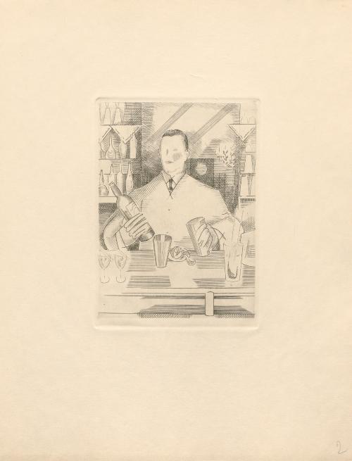 Jean-Émile Laboureur, Le Barman, planche pour Petits et grands verres, 1926, eau-forte et burin, INHA, Archives 145/3/2. Cliché INHA