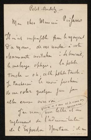 Paul Signac, lettre adressée à Camille Pissarro, 1886. Paris, bibliothèque de l’INHA, Autographes 213, 51. Cliché INHA.