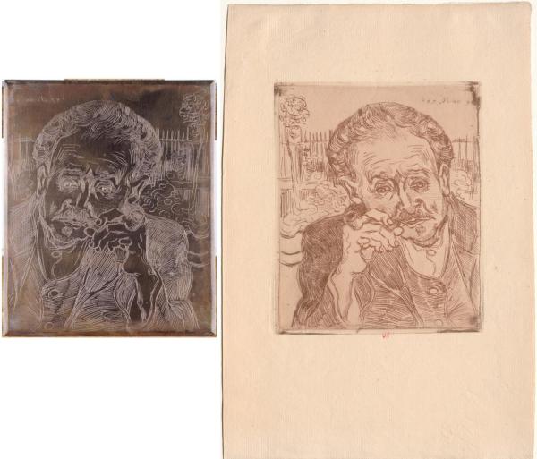 À gauche : Vincent van Gogh, L’Homme à la pipe (portrait du docteur Paul Gachet), plaque de cuivre gravée, 18,5 × 15,1 cm, juin 1890, Paris, musée d’Orsay (don de Paul Gachet fils en 1951). À droite : Vincent van Gogh, L’Homme à la pipe (Portrait du docteur Paul Gachet), eau-forte, 53 × 33 cm (feuille), juin 1890, Paris, bibliothèque de l’INHA (don de Paul Gachet fils en 1920), EM VAN GOGH 5, cliché INHA.