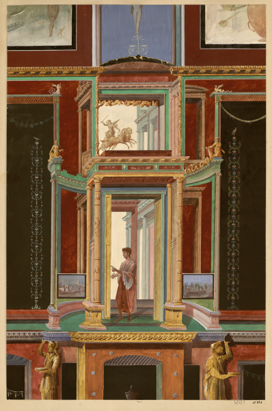 Charles Garnier, [Relevé d'une peinture du Macellum à Pompéi], gouache et aquarelle, 30,6×46,6 cm, 1851. Paris, ENSBA, PC 41824. Cliché INHA.