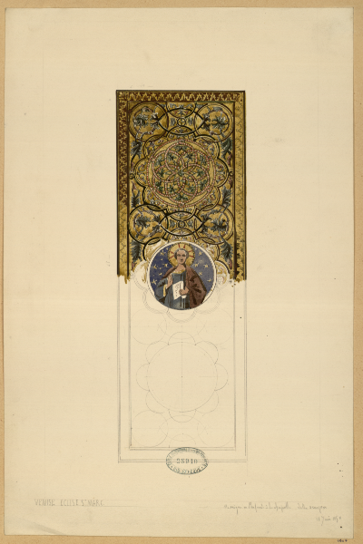 Charles Garnier, Venise, église Saint-Marc : mosaïque au plafond de la chapelle della Scopa, crayon et aquarelle, 40,8 cm, 1850. Paris, ENSBA, PC 28910. Cliché INHA.