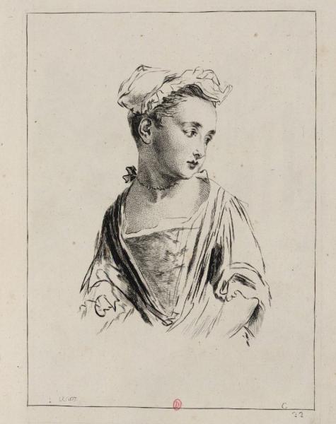 Laurent Cars (1699-1771), d'après un dessin d'Antoine Watteau, buste de jeune fille regardant à droite, un bonnet de linge sur les cheveux, gravure. Paris, bibliothèque de l'INHA, PL EST 96, pl. 35. Cliché INHA
