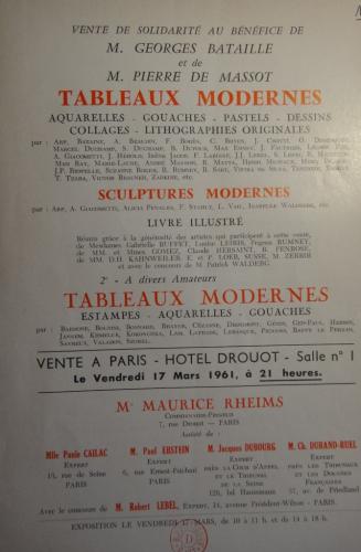 Page de titre du catalogue de vente de solidarité au bénéfice de Georges Bataille et Pierre de Massot tenue le 17 mars 1961 à l'Hôtel Drouot, Paris