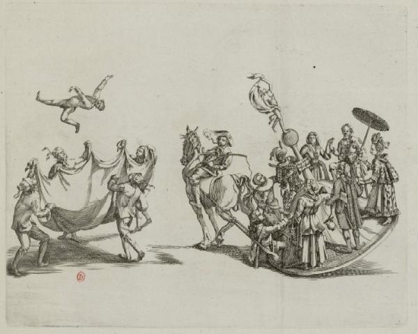 Extrait d'une Calvalcade en l'honneur de saint Rombaut, à Malines, en 1775 : patin sautant sur un trampoline. Fol Est 390.