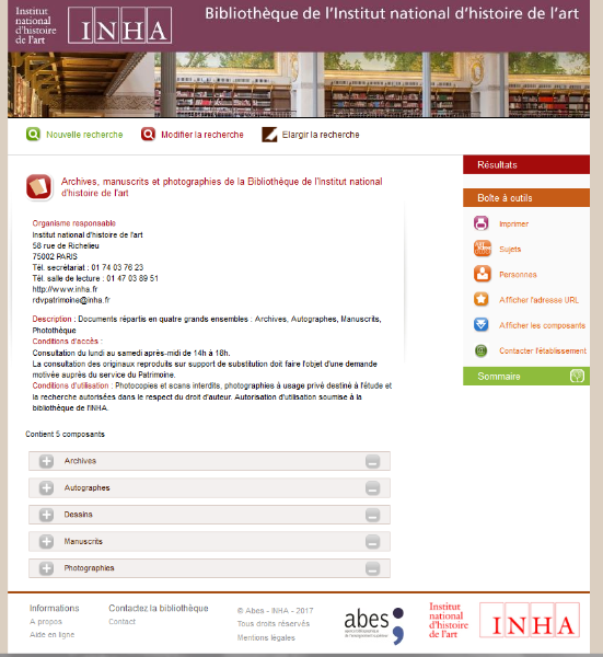 Page d'accueil et organisation des collections de l'INHA décrites dans Calames, octobre 2021.