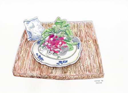 Christelle Téa, Radis, 14.III.2020. Encre de Chine et aquarelle sur papier, 26 X 36 cm
