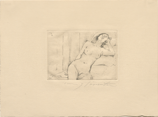 Ruhender (Au repos) ou Weibliche Akt (Nu féminin), vernis mou, 12,5 x 17,5 cm (sujet), 1911. Paris, bibliothèque de l'INHA, EM CORINTH 1. Cliché INHA.