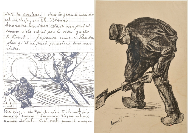 À gauche : quatrième de couverture de l'édition des Lettres de Van Gogh (Actes sud, 2009), disponible à la bibliothèque de l'INHA : NY VANGO5 A1 2009 (4). Cliché M. Clemenceau. À droite : Vincent Van Gogh, [Homme bêchant], lithographie rehaussée de lavis d’encre et de mine de plomb, 43,6 x 36,2 cm (image), 53 x 36,6 cm (feuille), 1882. Paris, bibliothèque de l’INHA, EM VAN GOGH 2. Cliché INHA.
