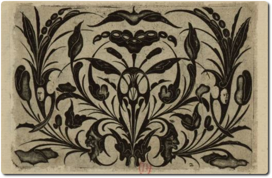 Anonyme, [Rinceaux de grandes feuilles stylisées et de cosses de pois], [Vers 1620-25], Bibliothèque de l'INHA, collections Jacques Doucet, FOL RES 120 (1-12). Cliché INHA