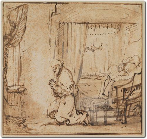 Rembrandt, Saint Pierre prie pour la résurrection de Tabitha, dessin. Cliché Alexandra Urruty