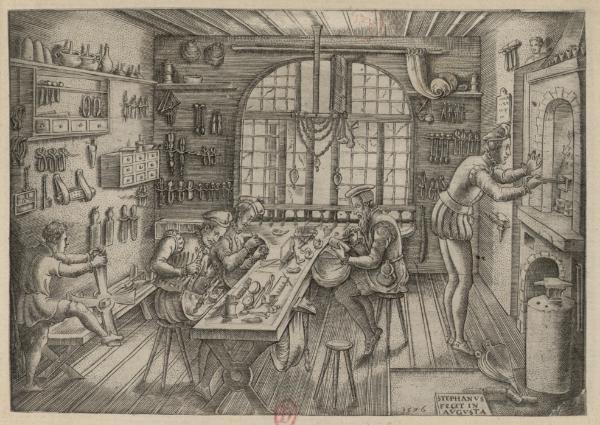 Étienne Delaune, [Atelier d'orfèvre], burin, 1576, Bibliothèque de l'INHA, 12 RES 19. Cliché INHA