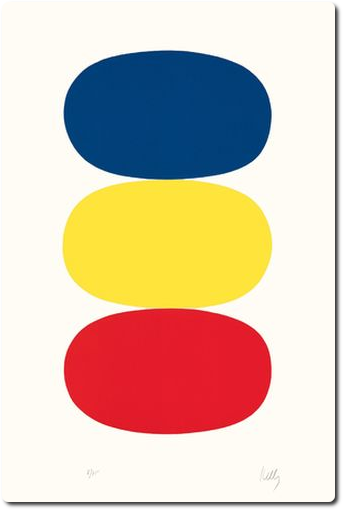 Ellsworth Kelly :  Bleu et jaune et rouge-orange [Blue and Yellow and Red-Orange] (AX17), 1964-1965, lithographie sur papier Rives BFK, EA (éd. 75), 89,5 X 60,3 cm. Image courtesy Ellsworth Kelly Studio © Ellsworth Kelly Foundation et Maeght éditeur 