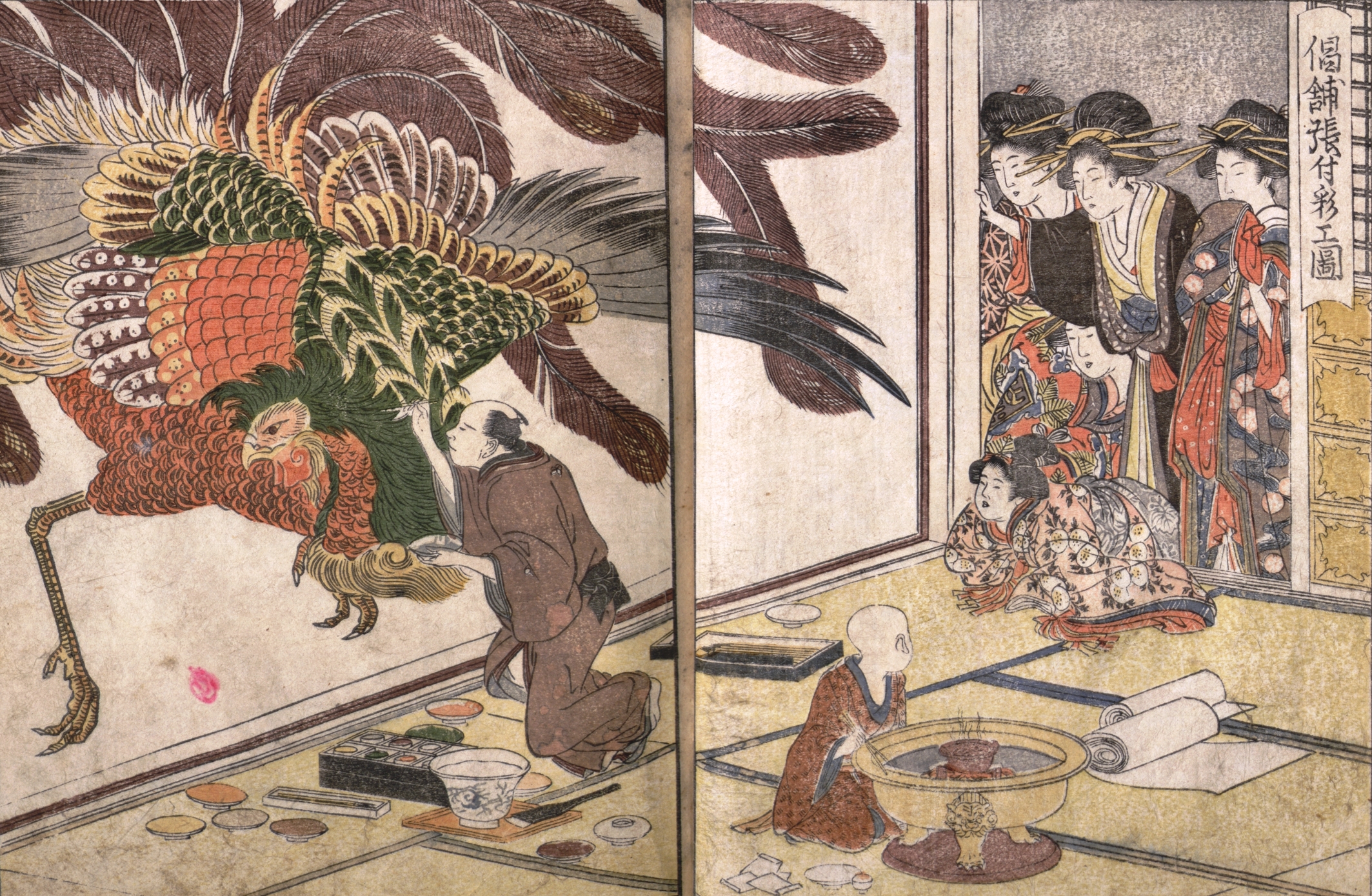   Kitagawa Utamaro, L'Almanach des Maisons vertes, Exécution d'une peinture murale dans une maison de courtisanes, gravure sur bois en couleurs, 1804, Bibliothèque de l'INHA, 8 EST 156