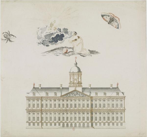 Vue de la façade de l'hôtel de ville d'Amsterdam, eau-forte imprimée en couleurs à la poupée, vers 1685-1697, bibliothèque de l'INHA, collections Jacques-Doucet, EA TEYLER 28. Cliché INHA