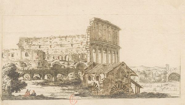 Jan van Call, Le Colisée de Rome, eau-forte imprimée en couleurs, vers 1685-1697, bibliothèque de l'INHA, collections Jacques-Doucet, EA TEYLER 20. Cliché INHA