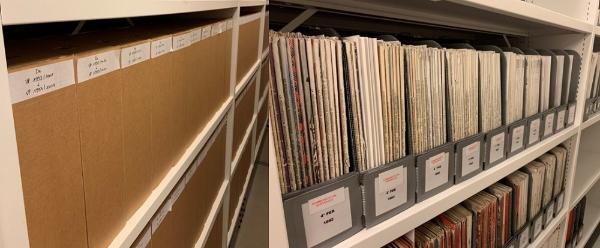 À gauche, des catalogues de vente conservés dans des boîtes d’archive verticales ; à droite, des périodiques conservés dans des porte-revues en polypropylène. Magasins fermés de l’INHA. Clichés INHA